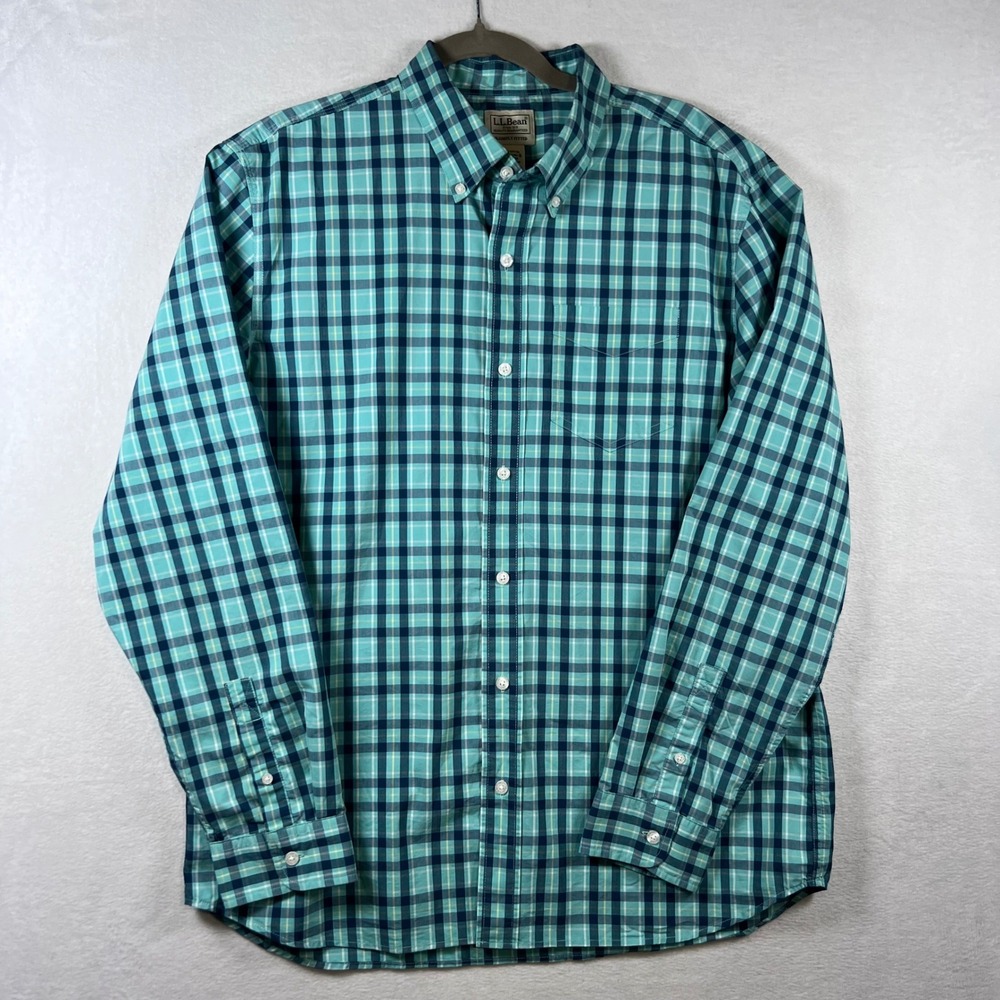 LL Bean Mens‎ Teal Navy Plaid Coolmax Button Down Shirt Slightly Fitted L 510005